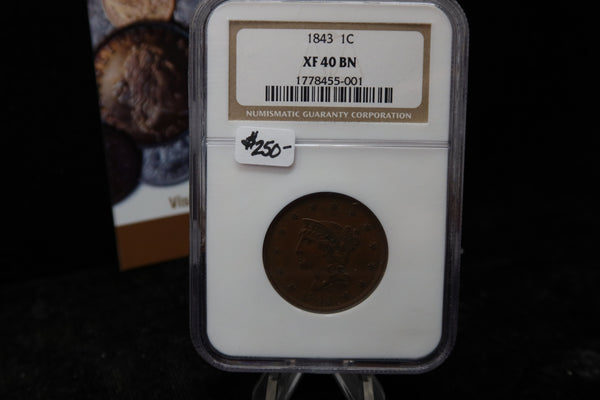 1843 Liberty Head Large Cent.  NGC Graded XF 40 BN. Store #08478