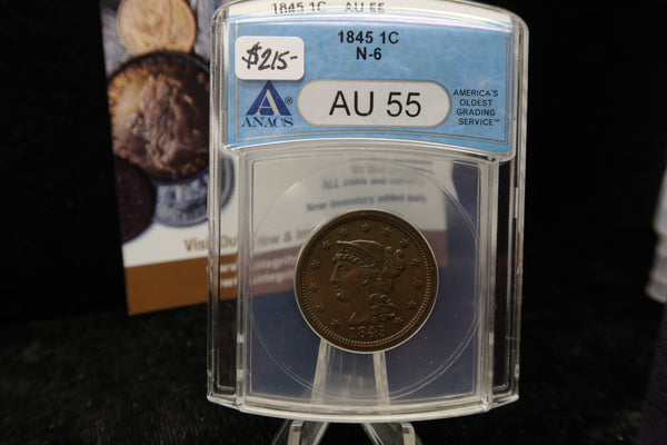 1845 Liberty Head Large Cent.  ANACS Graded AU55. Store #08479