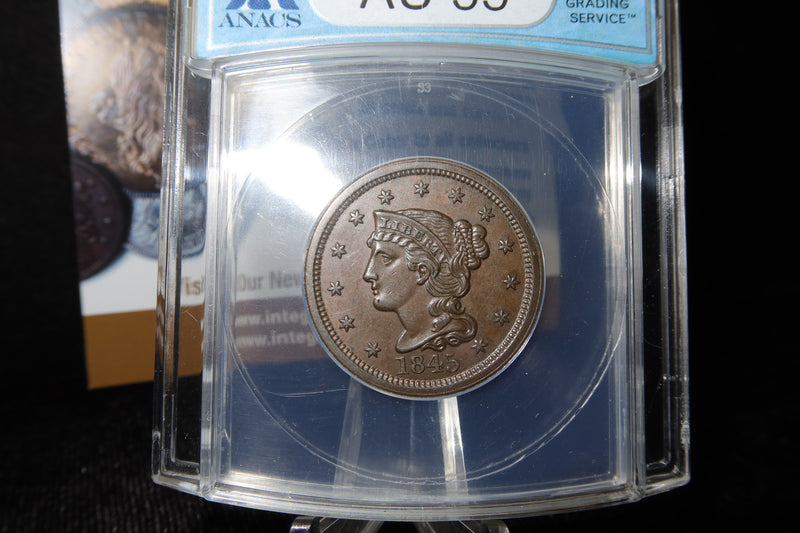 1845 Liberty Head Large Cent.  ANACS Graded AU55. Store