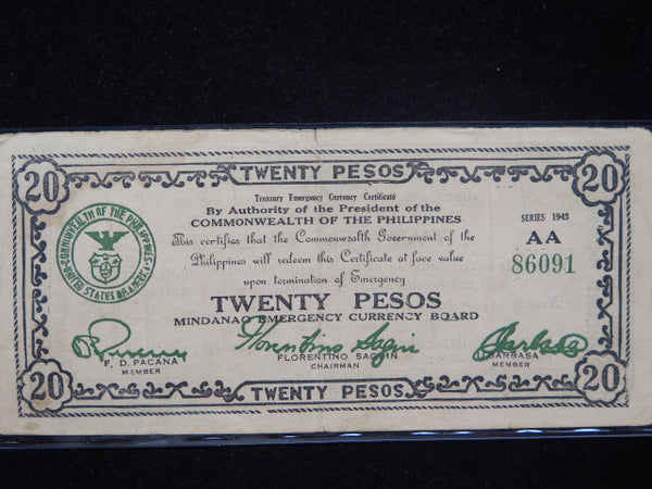1943 AA Philippines Twenty Pesos WWII Mindanao Emergency Currency Banknote, Store #12433