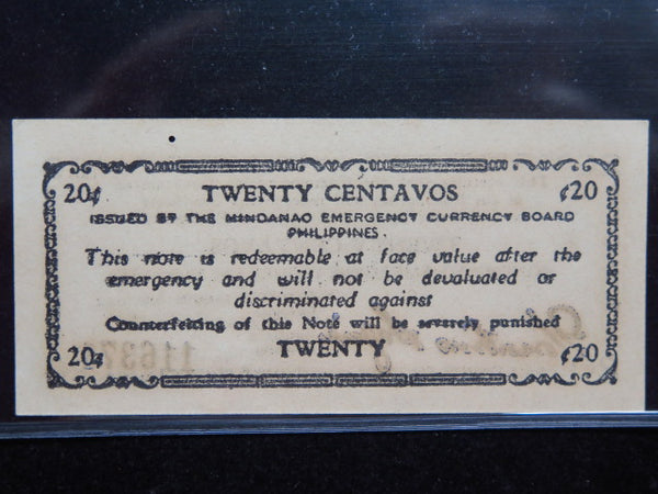 1944 Philippines Twenty Centavos Mindanao Emergency Currency Banknote, Store #12440