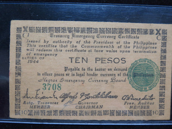 1944 Philippines Ten Pesos Emergency Currency Banknote, Store #12437