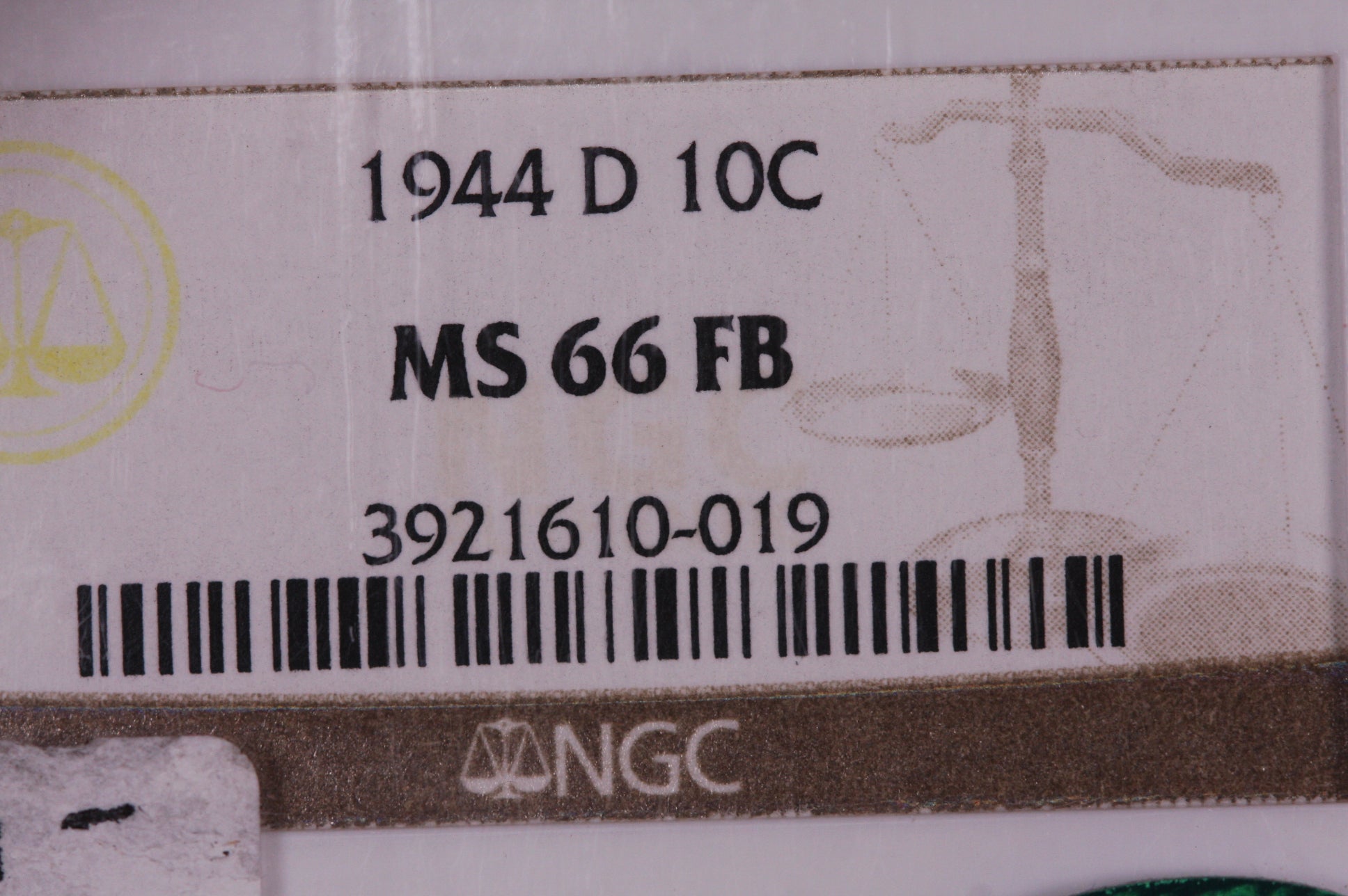 1944-D 10C Mercury Silver Dime, PCGS Graded MS-66, Full Bands. Green CAC Sticker, Store#06198
