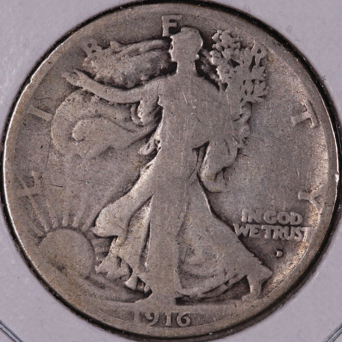 1916-D Walking Liberty Half Dollar, Good+ Circulated Condition, Store #07023