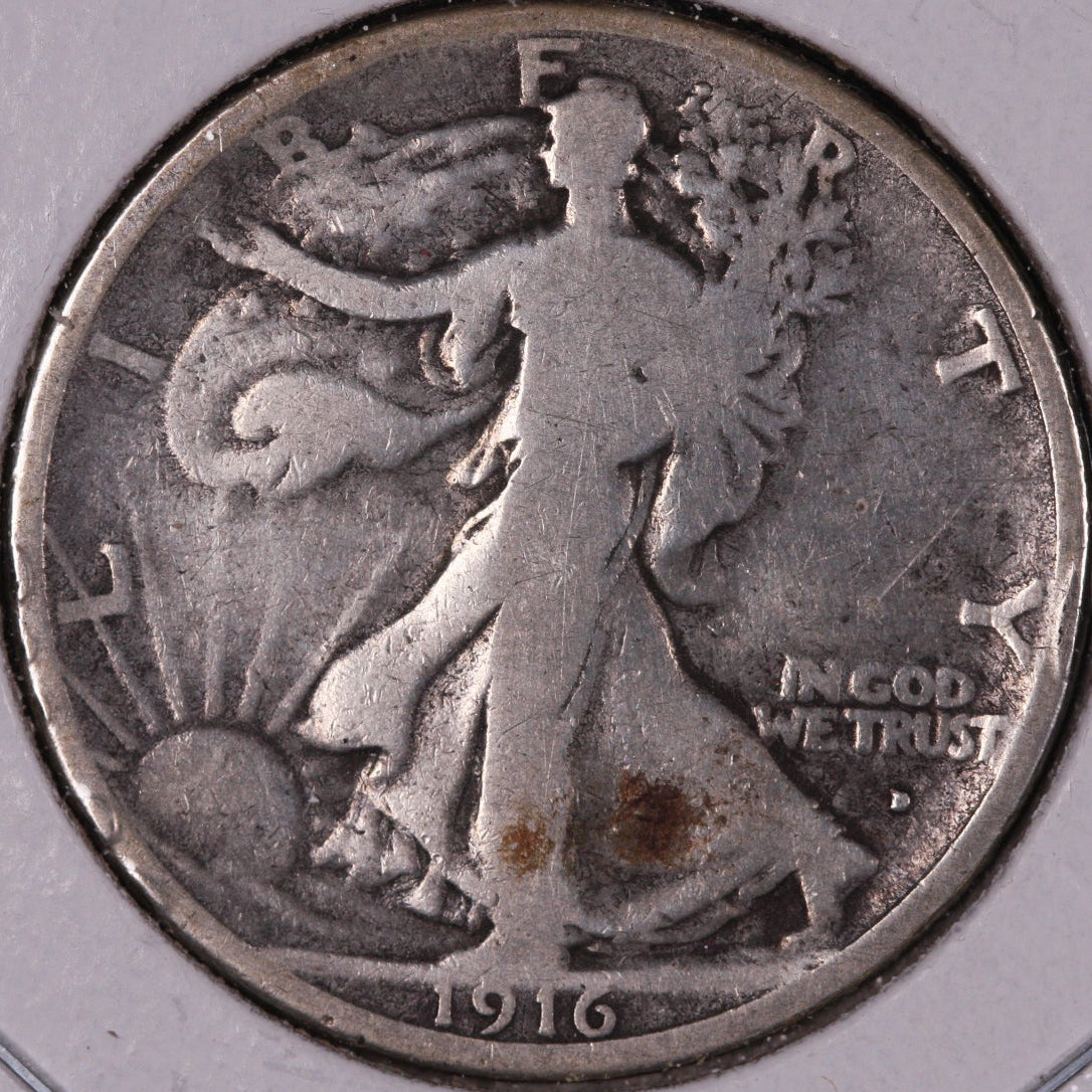 1916-D Walking Liberty Half Dollar, Very Good+ Circulated Coin, Store #07035