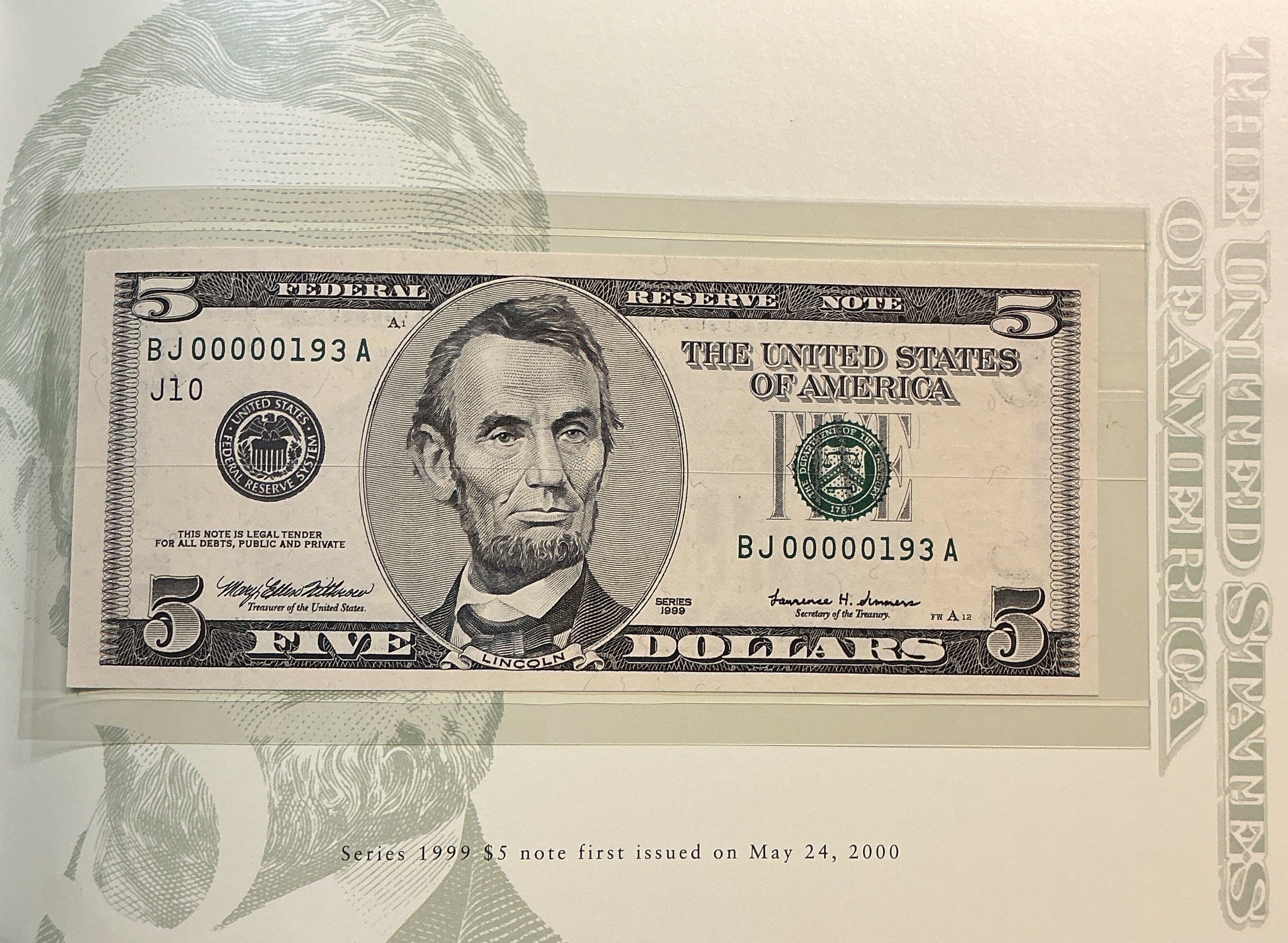 1999 Premium Federal Reserve Set, Serial #193,-$5 Notes, #FRN012