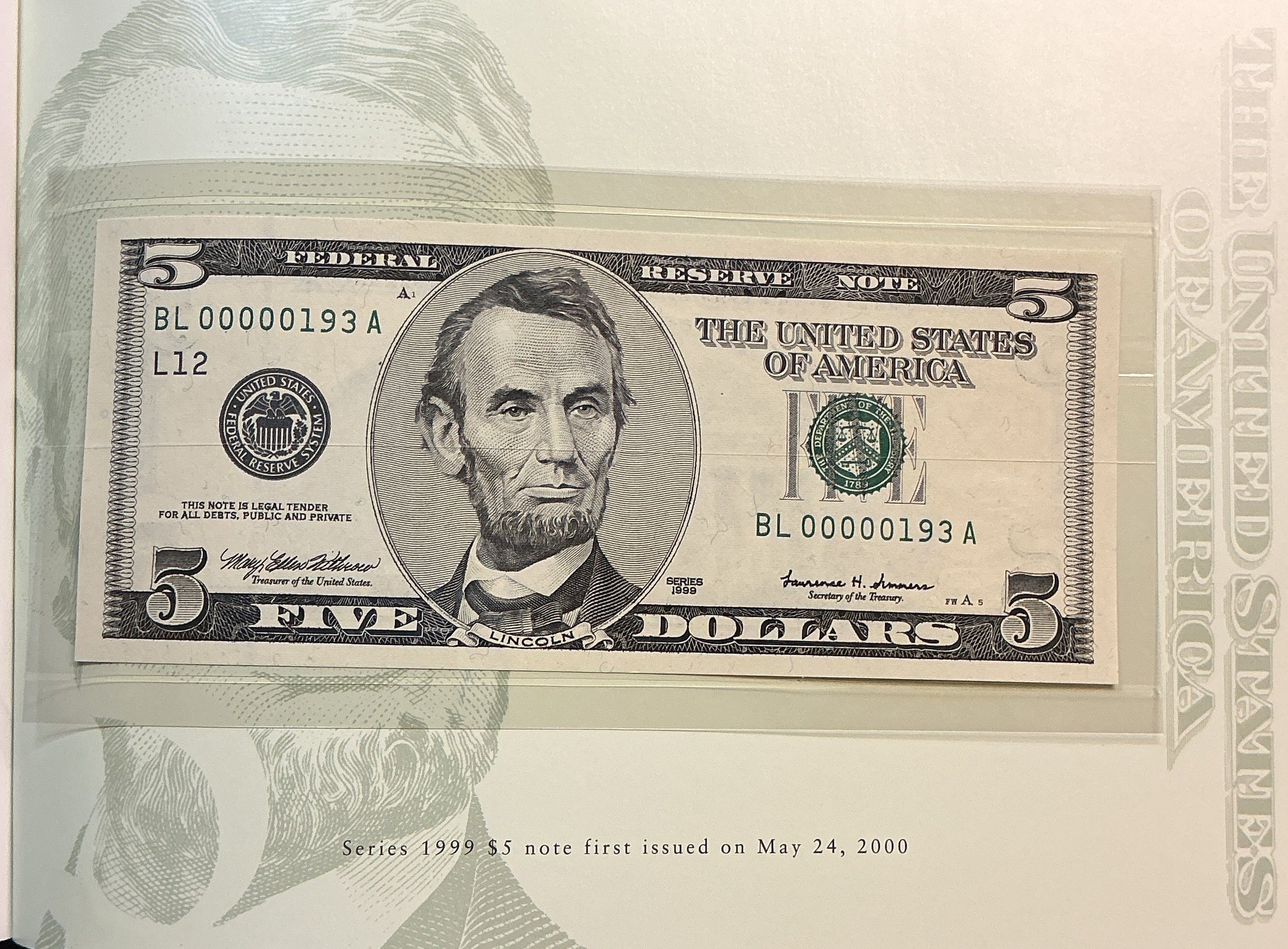 1999 Premium Federal Reserve Set, Serial #193,-$5 Notes, #FRN012
