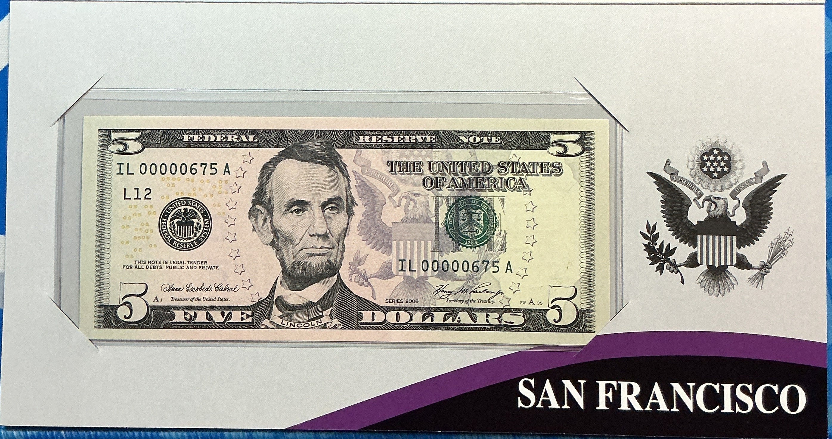2006 Series $5 Single Notes,12 ea, F.R.N, 'LOW SERIAL NUMBERS', Store #FRN001