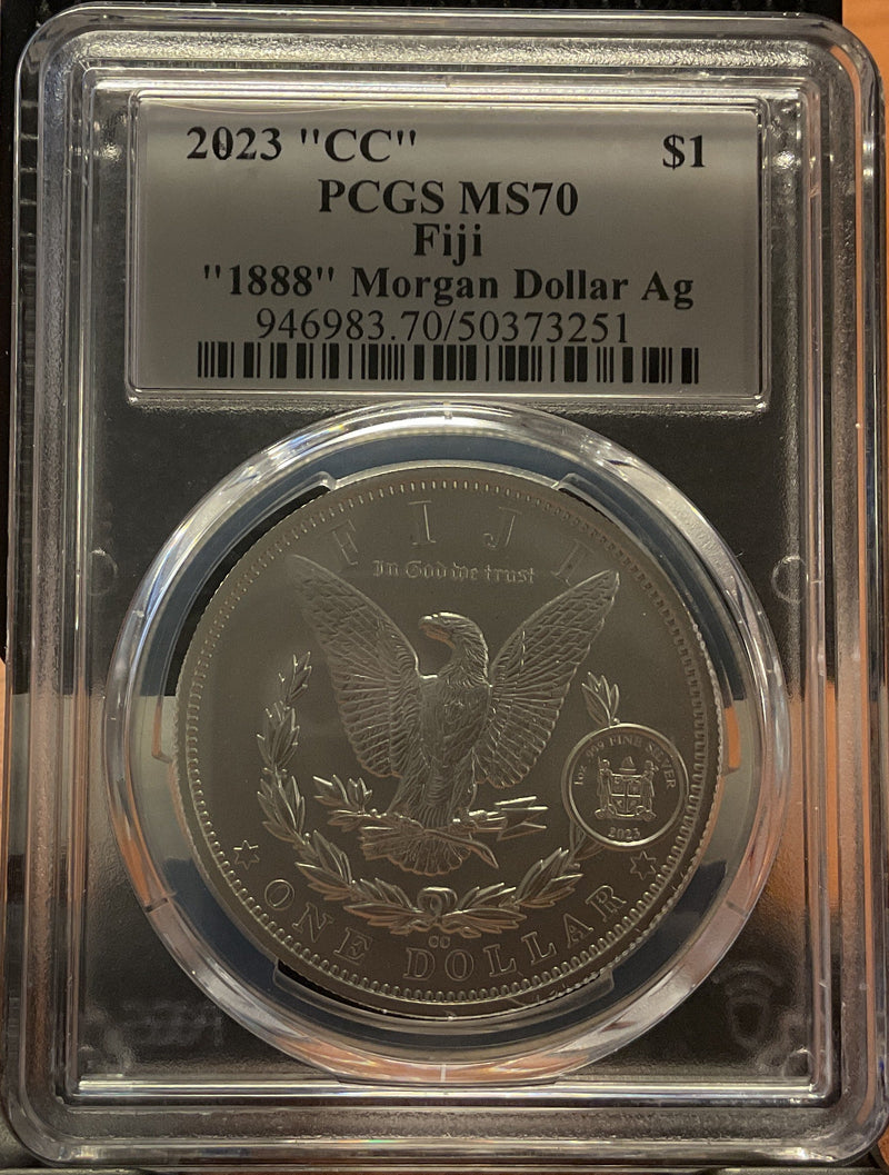 .999 silver, 1 Troy Ounce, 2023 Fiji Privy Morgan Ag, PCGS MS-70, Store