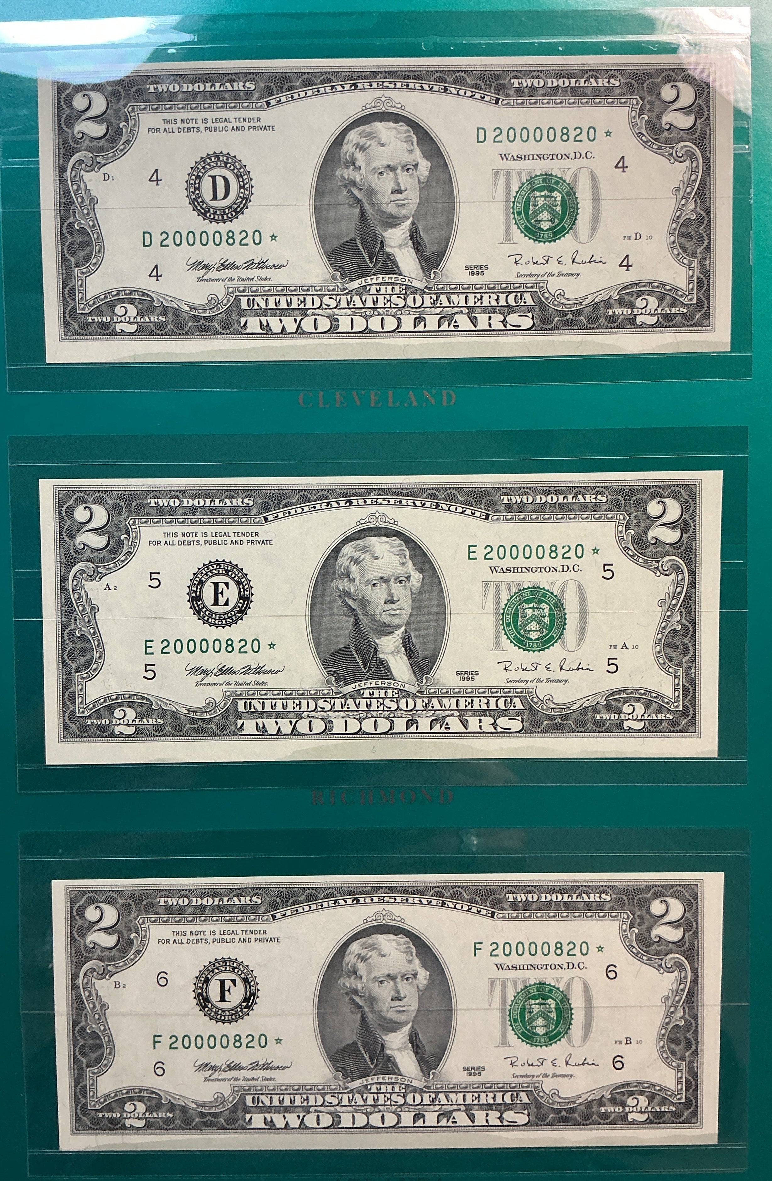 1995 Premium Millennium Federal Reserve Set, $2 Notes, Rare Star, #0820,  #FRN003.