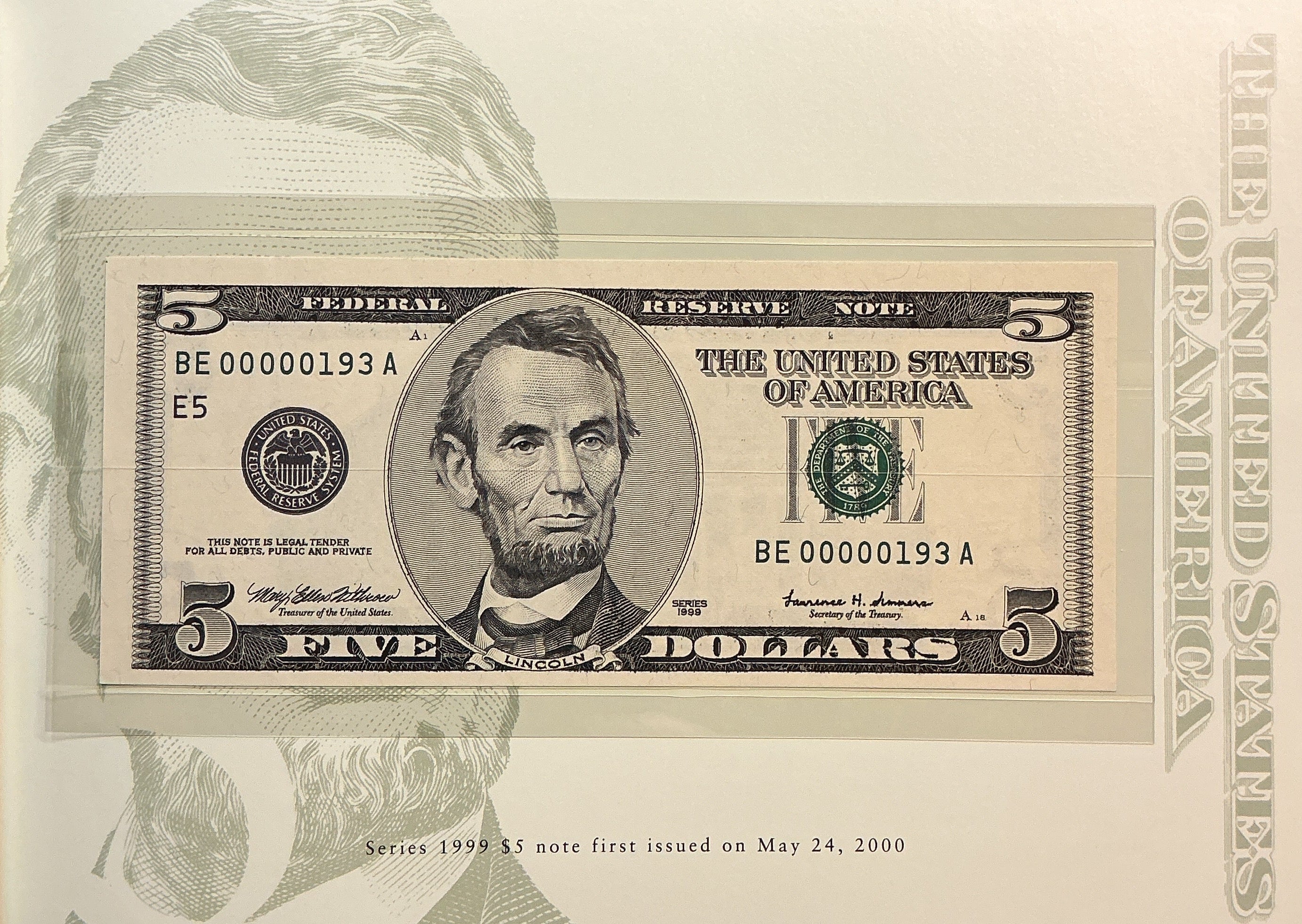 1999 Premium Federal Reserve Set, Serial #193,-$5 Notes, #FRN012