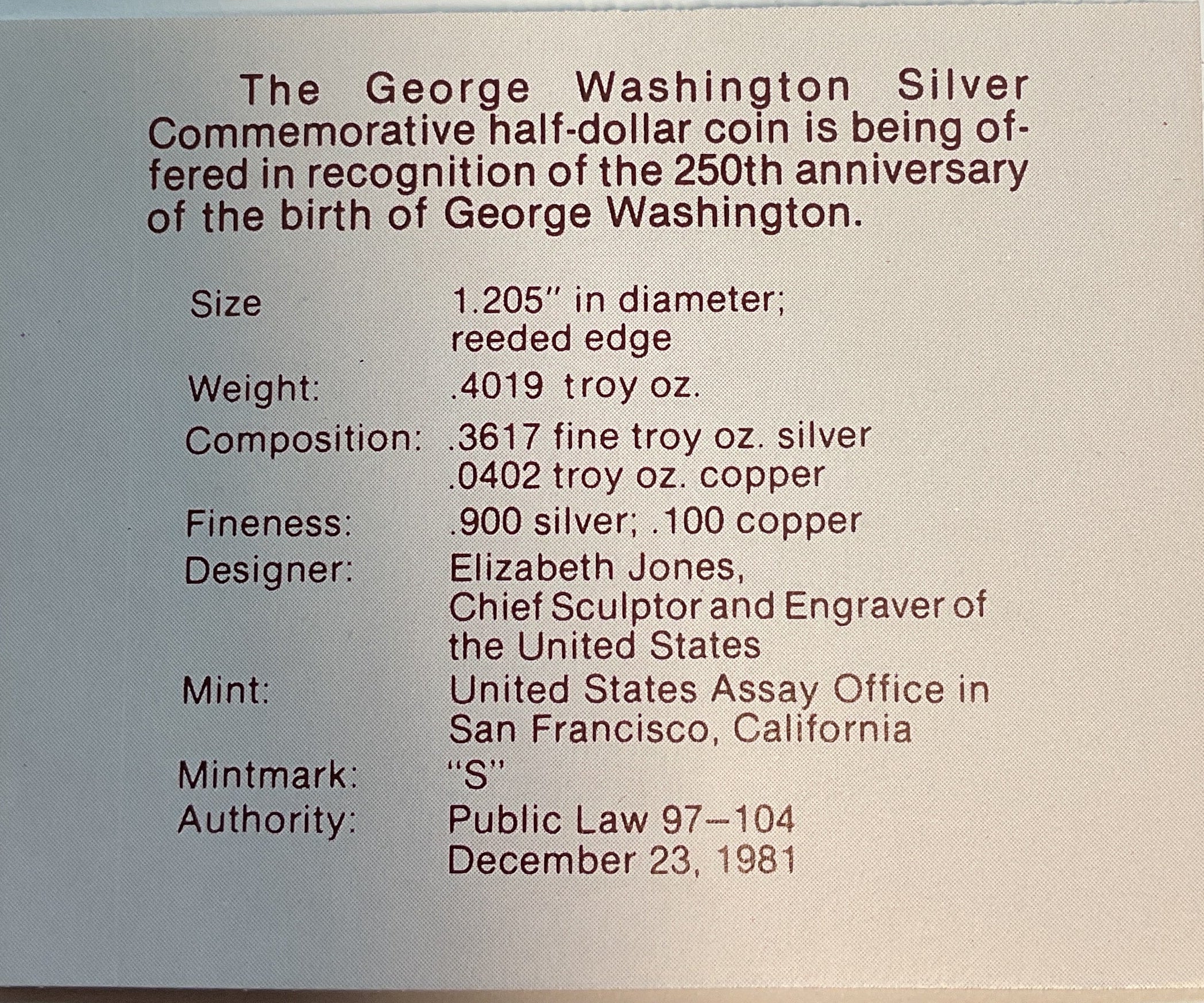1982 George Washington Silver Proof Half-Dollar, U.S. Mint, #PT047