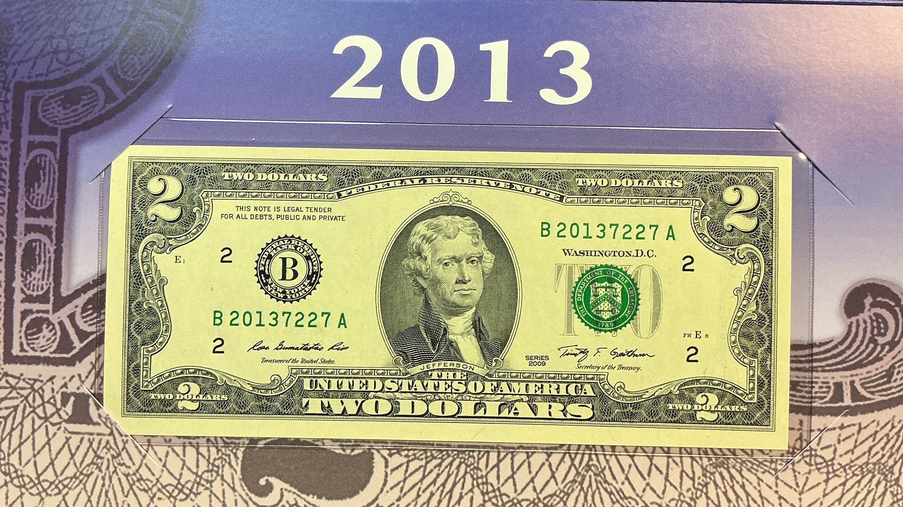 2013 Series $2 Single Notes, F.R.Notes, 2013xxx Serial Numbers Store #FRN018
