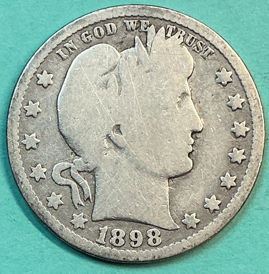 1898-O Barber Quarter., About Good Circulated Details., Store#QR1209