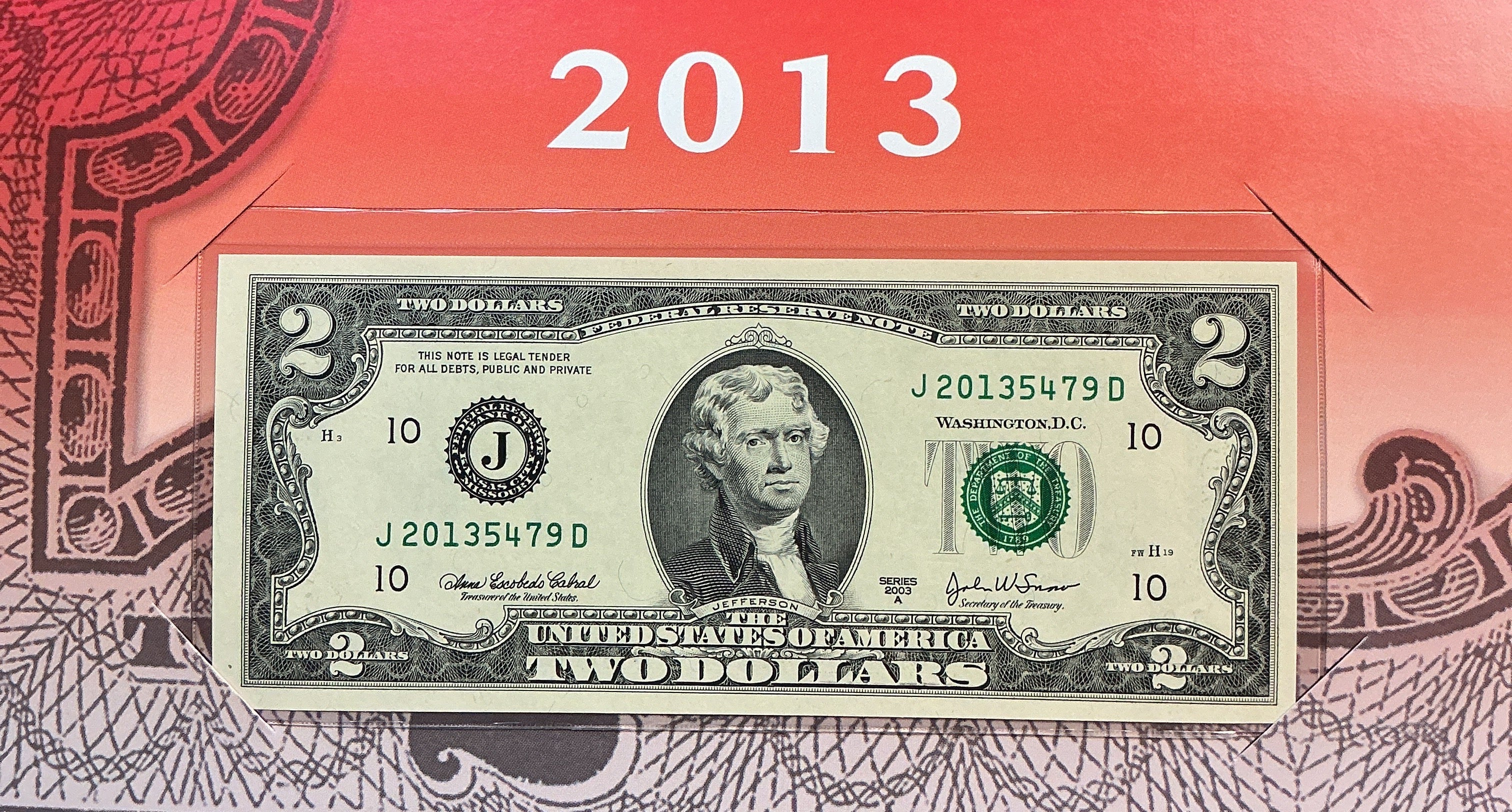 2013 Series $2 Single Notes, F.R.Notes, 2013xxx Serial Numbers Store #FRN018
