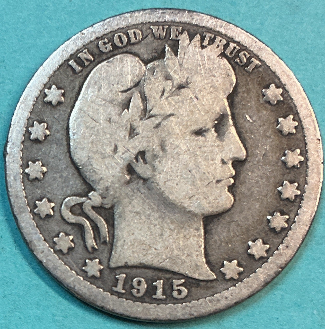 1915-S Barber Quarter., Good Circulated Details., Store#QR1320