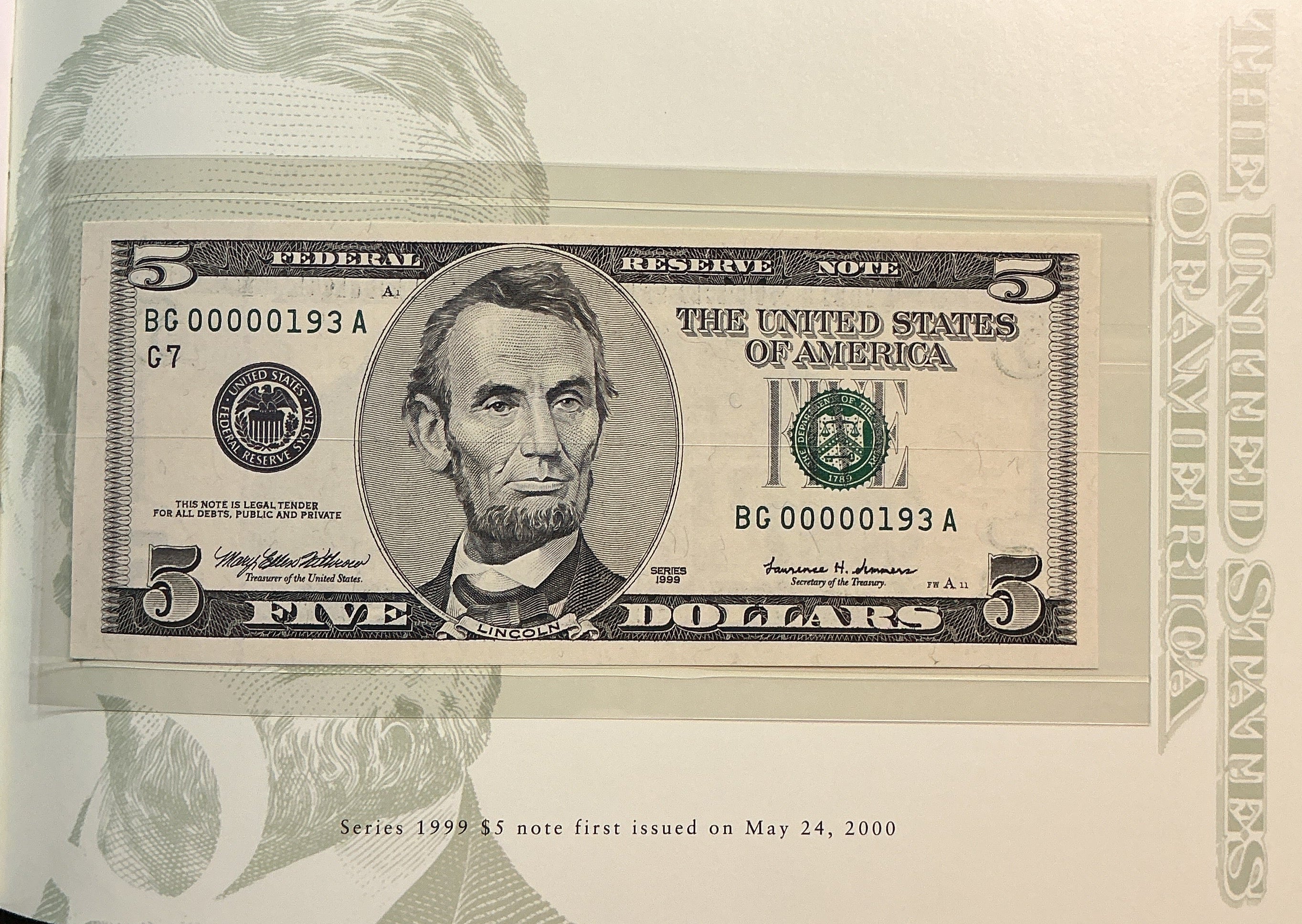 1999 Premium Federal Reserve Set, Serial #193,-$5 Notes, #FRN012
