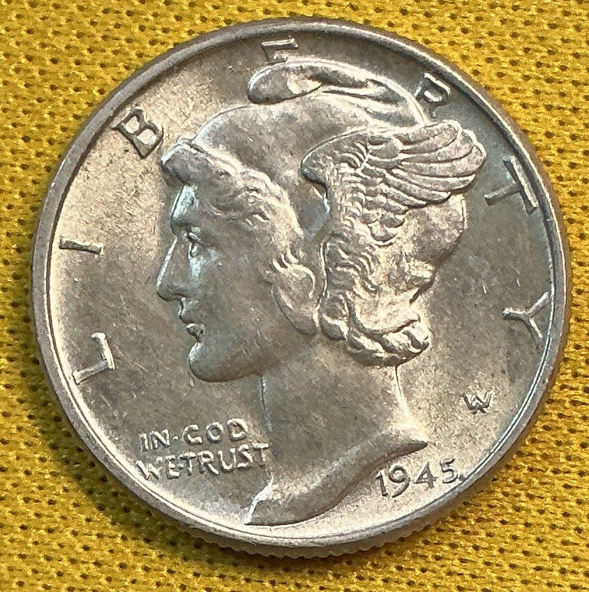 1945 Mercury Dime, Mint State Uncirculated Coin, Store #DE0699
