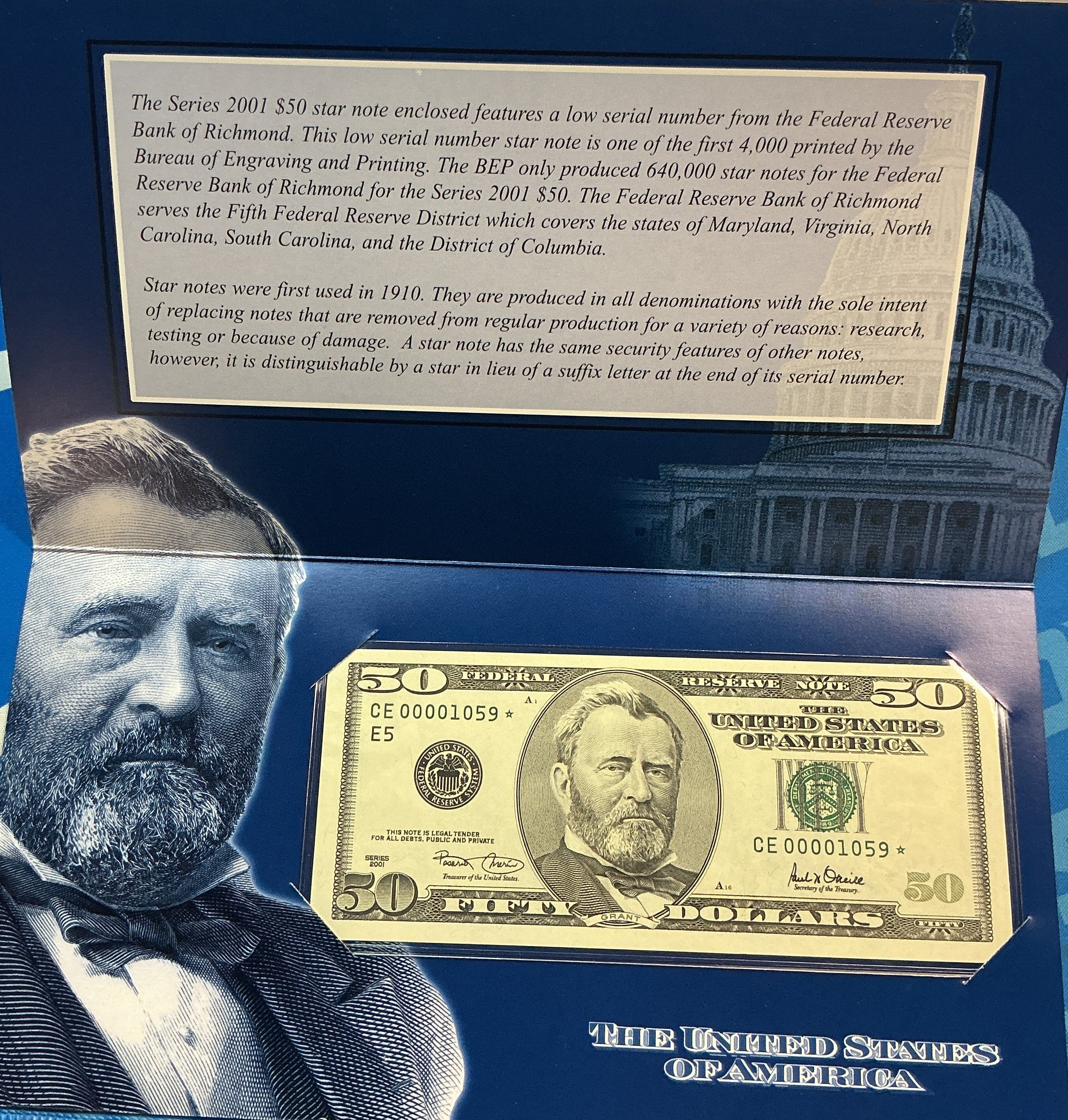2001 Series $50 Single Star Note, F.R.Notes, Richmond, Low Serial Number Store #FRN019