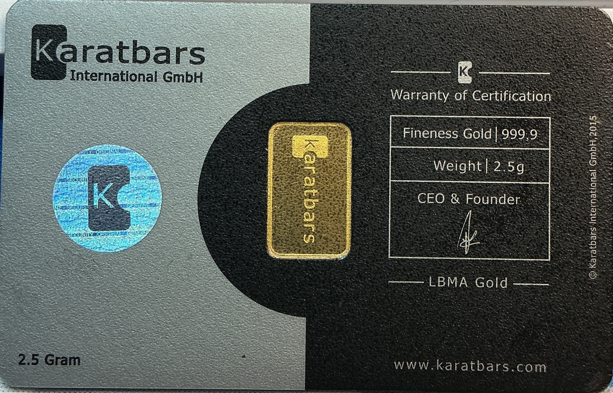 2.5 Gram Gold Bar, 999.9 pure, Carded Burnished KARATBARS, Store Sale #G0179