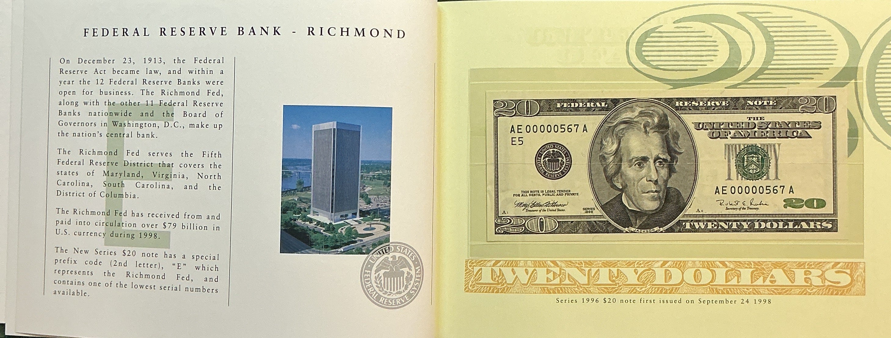 1996 Premium Federal Reserve Set, Serial #567, $20 Notes, #FRN013