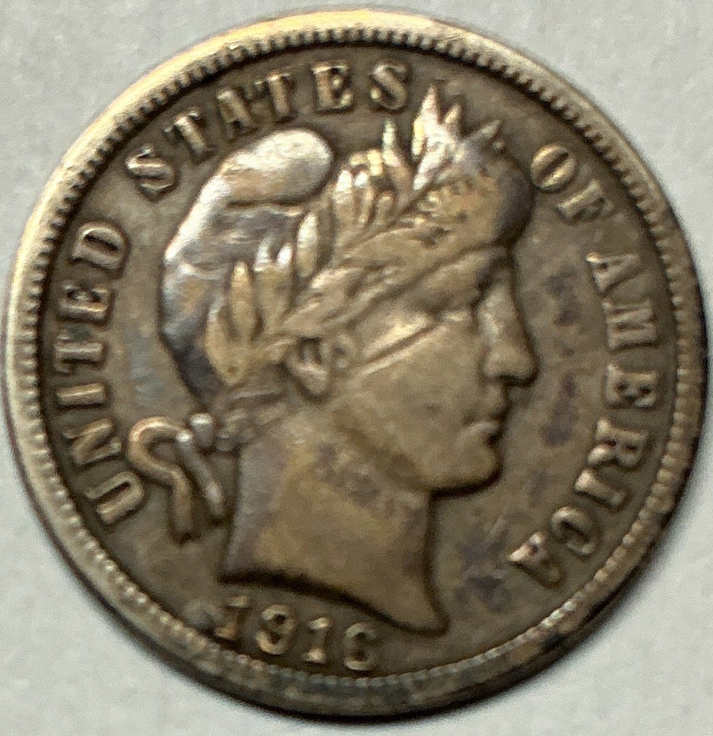 1916 Barber Dime, Fine+ Circulated Coin, Store #DE919