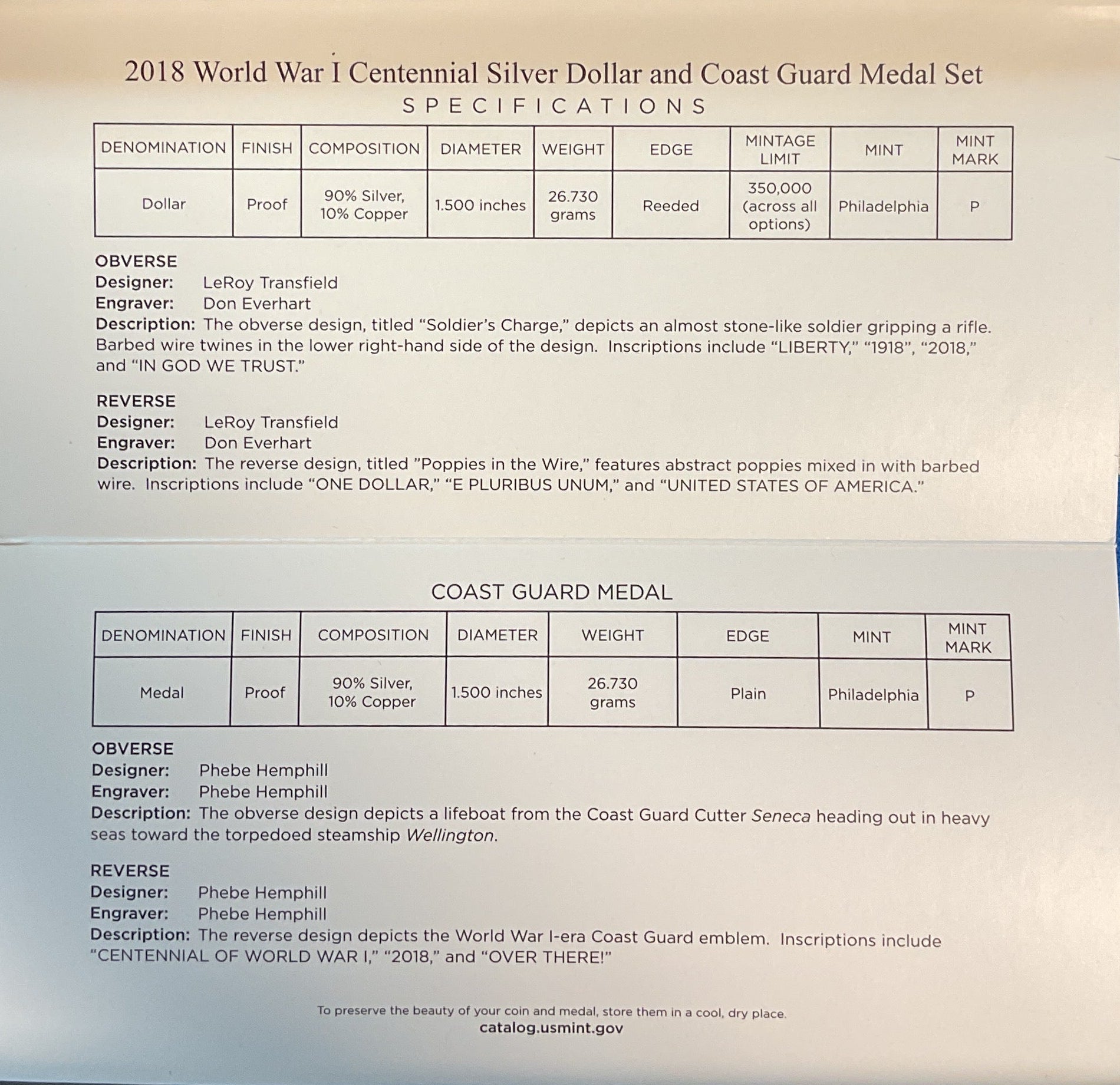 2018 World War I, Silver Dollar and Coast Guard Silver Medal Set, U.S. Mint #SR016