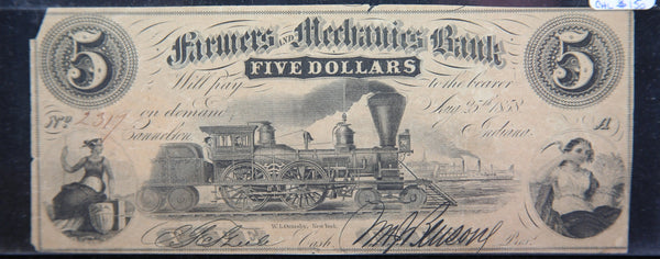 1858 Farmers and Mechanics Bank, Indiana., Obsolete Currency, Store Sale 093114