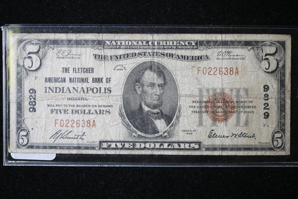 1929 $5  National Currency, Indianapolis, IN., Store Sale 091037