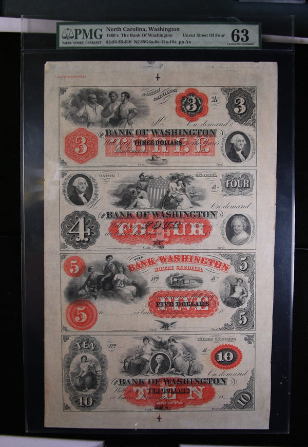 1800's Bank of Washington, N.C., Full Sheet., Obsolete Currency, Store Sale 093205