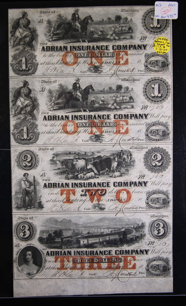 1800's Adrian Mich., Full Sheet.,  Obsolete Currency, Store Sale 093231