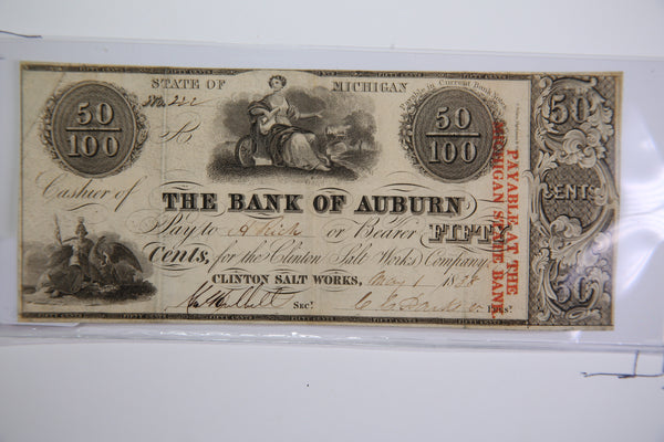 1838 Bank of Auburn, 50 Cent,  Michigan.,  Obsolete Currency, Store Sale 0932195