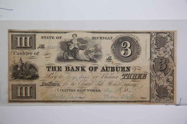 1845 Bank of Auburn, $3,  Michigan.,  Obsolete Currency, Store Sale 0932198