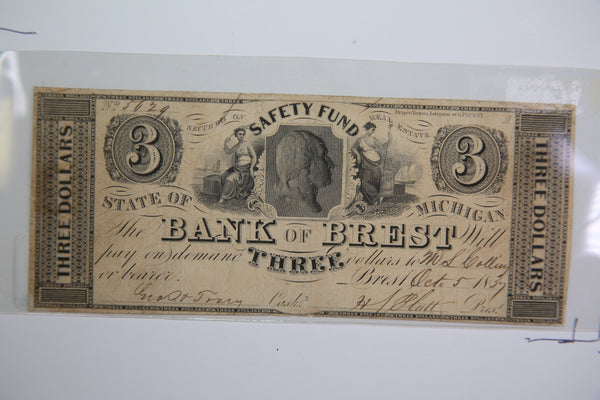 1837 Brest, Michigan., $3. Obsolete Currency, Store Sale 0932219