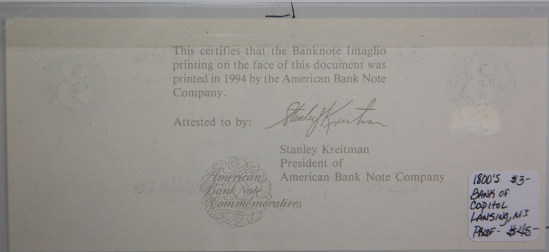 18__ Lansing, Michigan. PROOF (Reprint) $3., Obsolete Currency, Store Sale 0932228