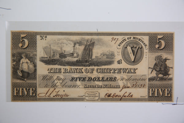 1838 Sault De St Mary's., Michigan., $5. Obsolete Currency, Store Sale 0932235