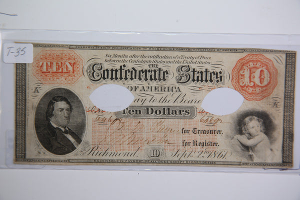1861 $10 Confederate States, Obsolete Currency, Store Sale 0932256