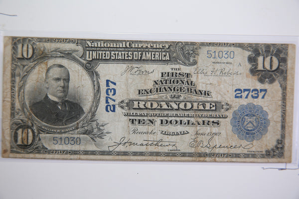 1902 $10 National Currency, Roanoke, VA.,  Affordable Priced. Store #932901