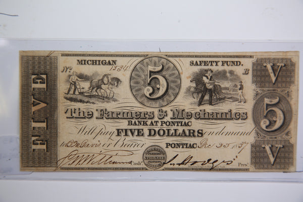 1837 Pontiac, Michigan., $5., Obsolete Currency,  Store Sale 0932275