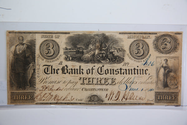 1841 $3, Constantine, Michigan., Obsolete Currency,  Store Sale 0932299