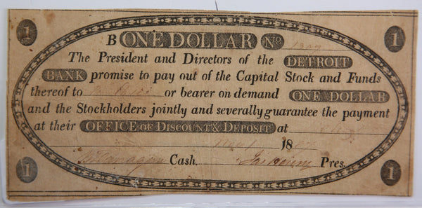 1807 $1, Detroit, Michigan., Obsolete Currency,  Store Sale 0932301