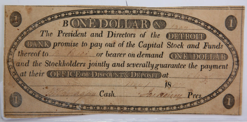 1807 $1, Detroit, Michigan., Obsolete Currency,  Store Sale 0932301
