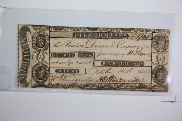 1806 $5, Detroit, Michigan., Obsolete Currency,  Store Sale 0932303