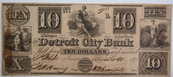 1837 $10, Detroit, Michigan., Obsolete Currency,  Store Sale 0932312.