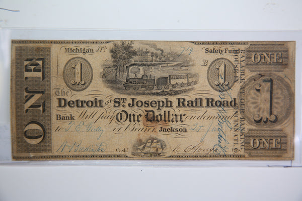 1840 $1 Detroit and St Joseph R/R, Michigan., Obsolete Currency,  Store Sale 0932315.