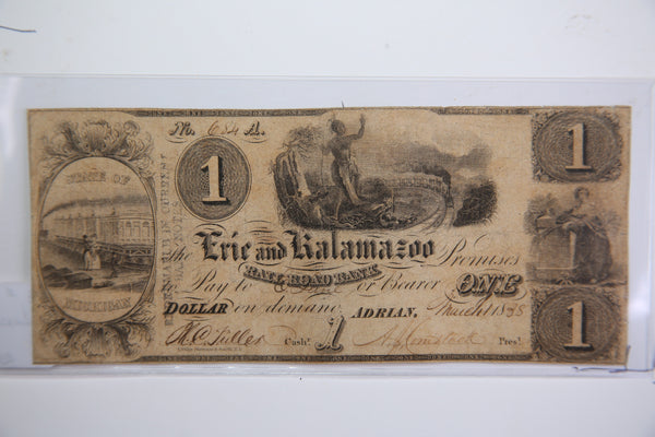 1838 $1 Erie and Kalamazoo, Michigan., Obsolete Currency,  Store Sale 0932319.
