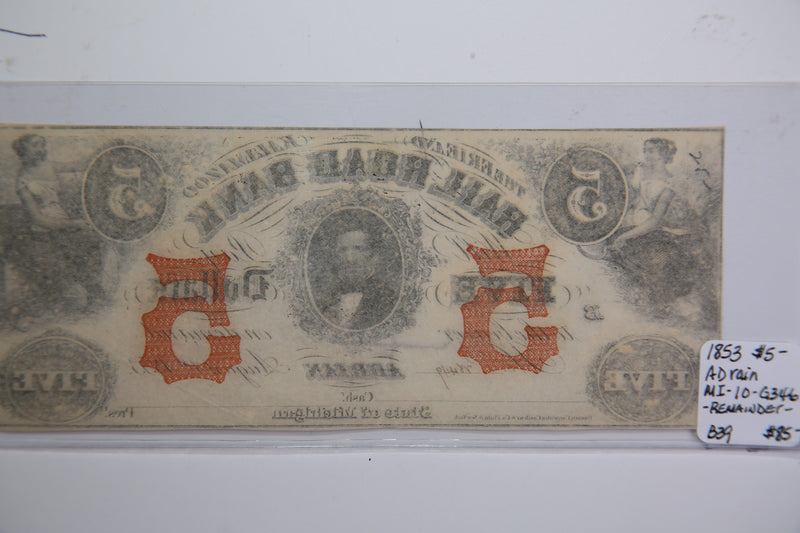 1853 $5 Adrian, Michigan., Obsolete Currency,  Store Sale 0932328.