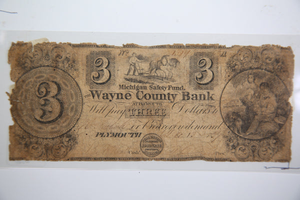 1837 $3 Plymouth, Michigan., Obsolete Currency,  Store Sale 0932354.