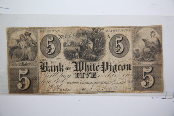 1859 $5 White PIGEON, Michigan,  Obsolete Currency,  Store Sale 0932357.
