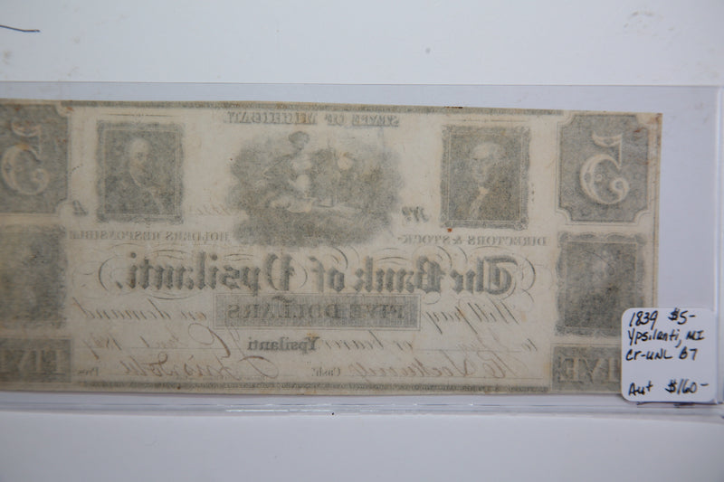 1839 $5, Ypsilanti, Michigan., Obsolete Currency,  Store Sale 0932368.